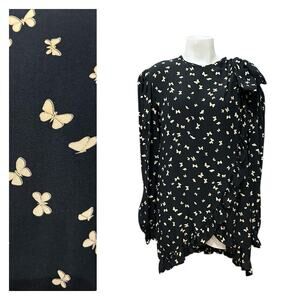 Vintage Valentino Silk Butterfly Print Long Blouse Asymmetrical Mini Size 14 -